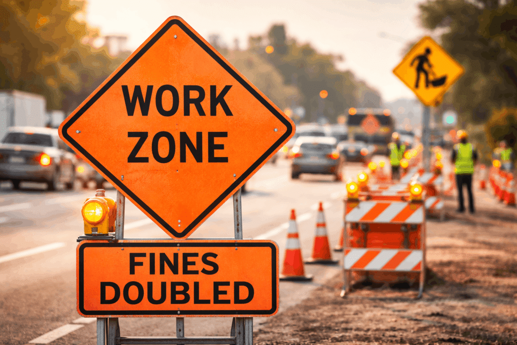 Work zone sign showing fines doubled for drivers facing a red-light ticket in Nevada