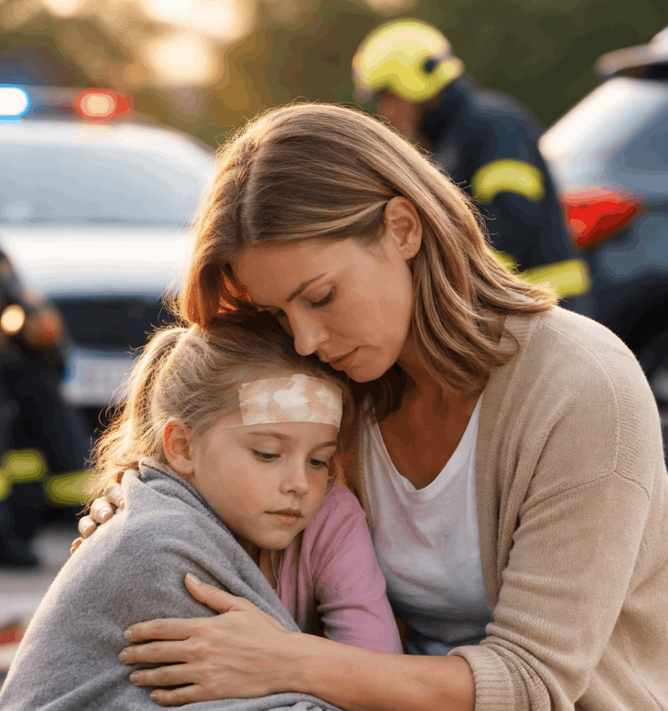 Mother comforting her child after a car accident scene, representing children’s personal injury claims in Arizona.