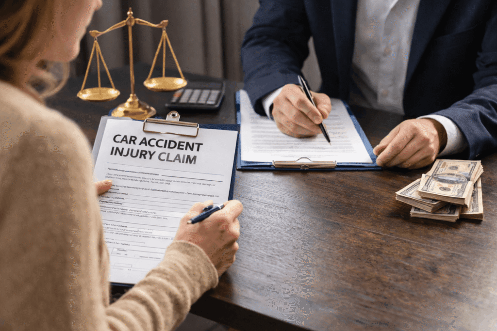 Attorney reviewing documents with a client at a desk, representing insurance evaluation in children’s personal injury claims.