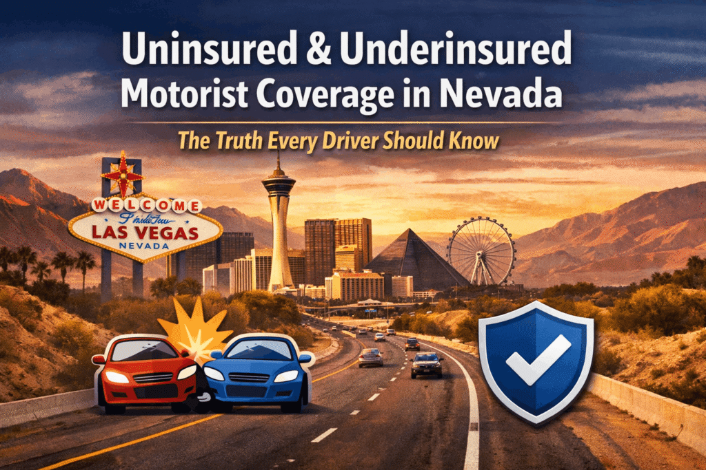 Illustration explaining underinsured motorist coverage in Nevada, showing a car accident on a highway with Las Vegas landmarks and an insurance protection shield