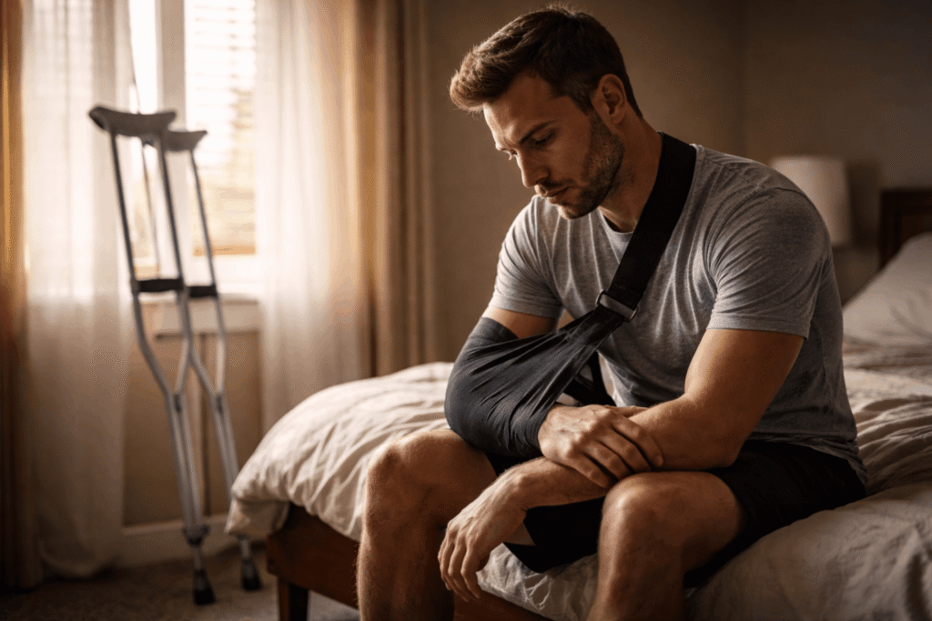 Person sitting on bed with arm in sling and crutches nearby, reflecting after a serious high-value personal injury