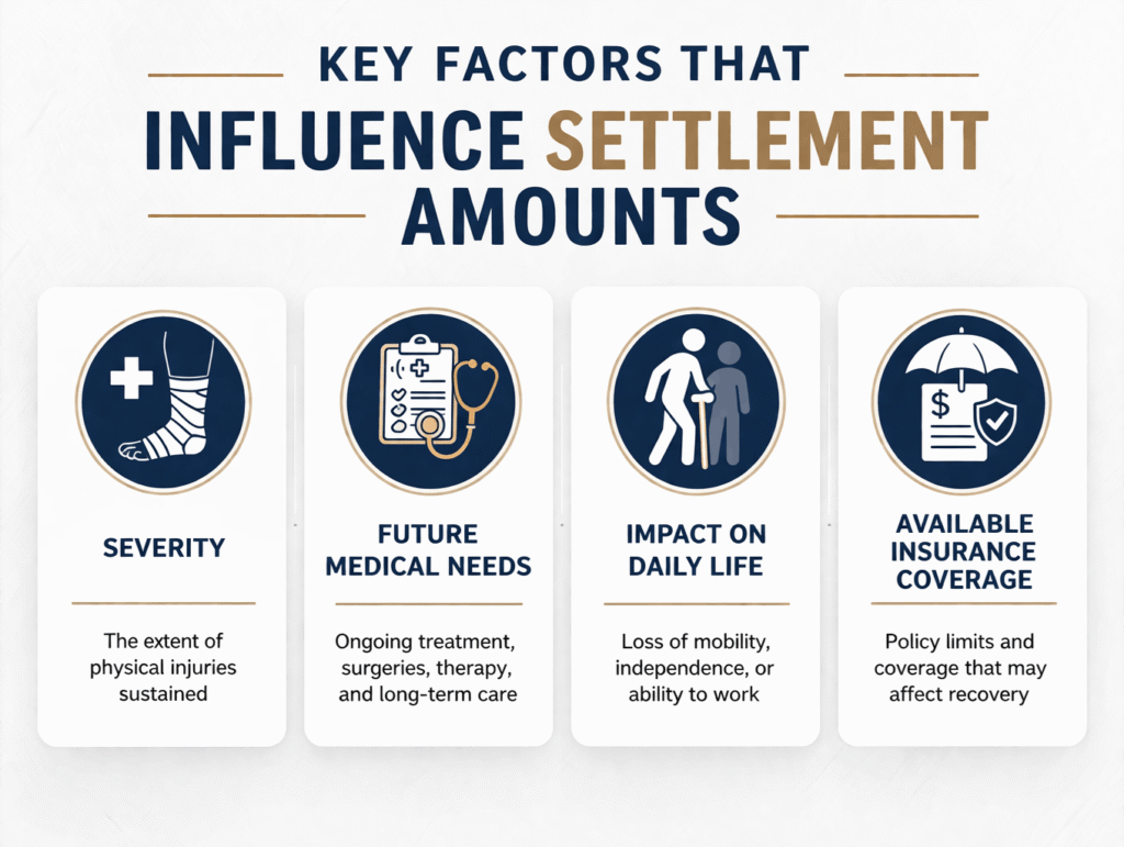 Key factors that influence high-value personal injury settlement amounts including severity, medical needs, daily impact, and insurance coverage