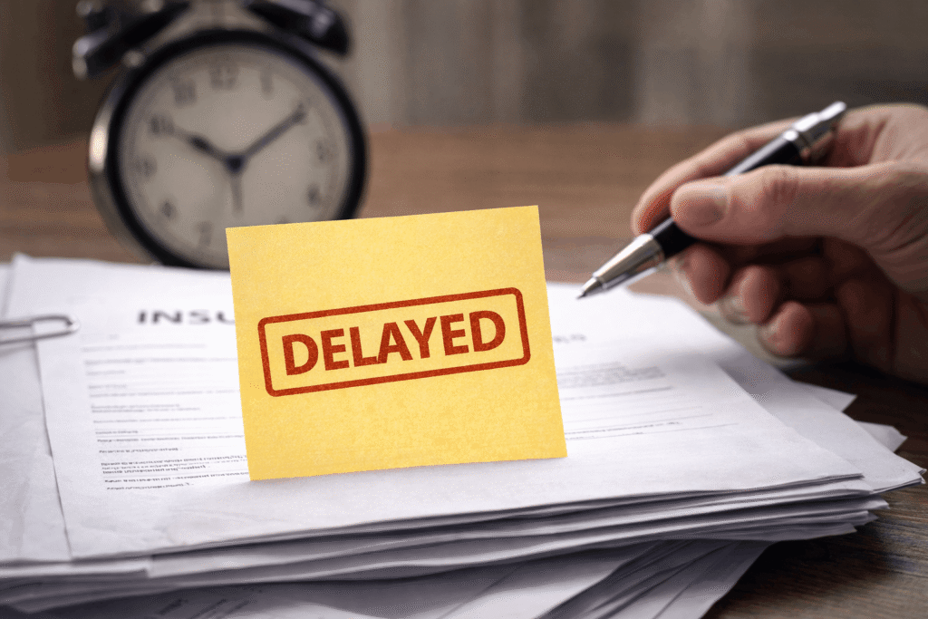 Insurance claim paperwork marked delayed with sticky note, representing insurance claim delays and processing issues