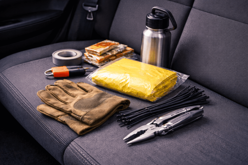 surprisingly useful things to keep in your car including gloves zip ties multi tool emergency blanket water bottle and roadside supplies