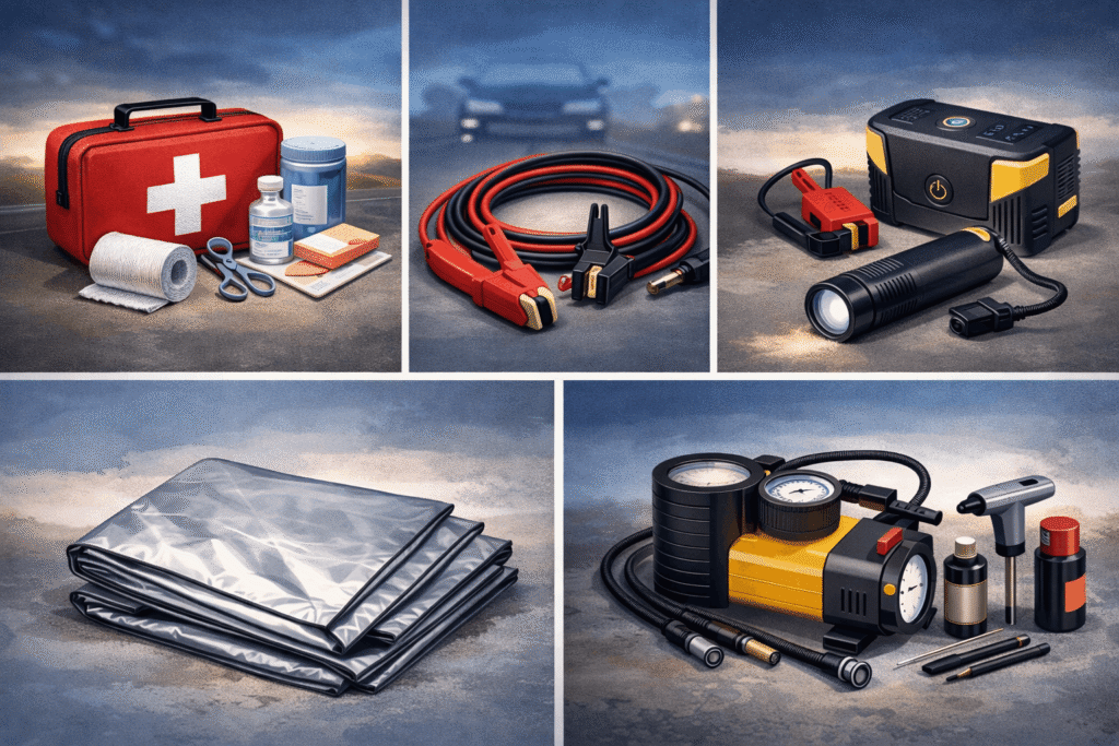 things to keep in your car including first aid kit jumper cables flashlight emergency blanket and tire repair kit