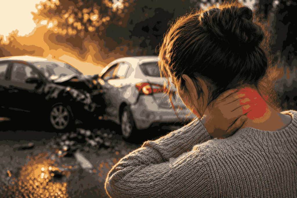 Woman experiencing delayed pain in her neck after a car accident while standing near two damaged vehicles on the road.