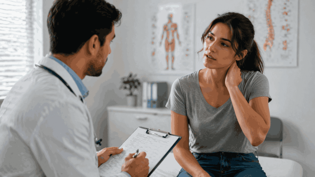 Woman seeking medical attention for delayed pain after a car accident during a consultation with a doctor.