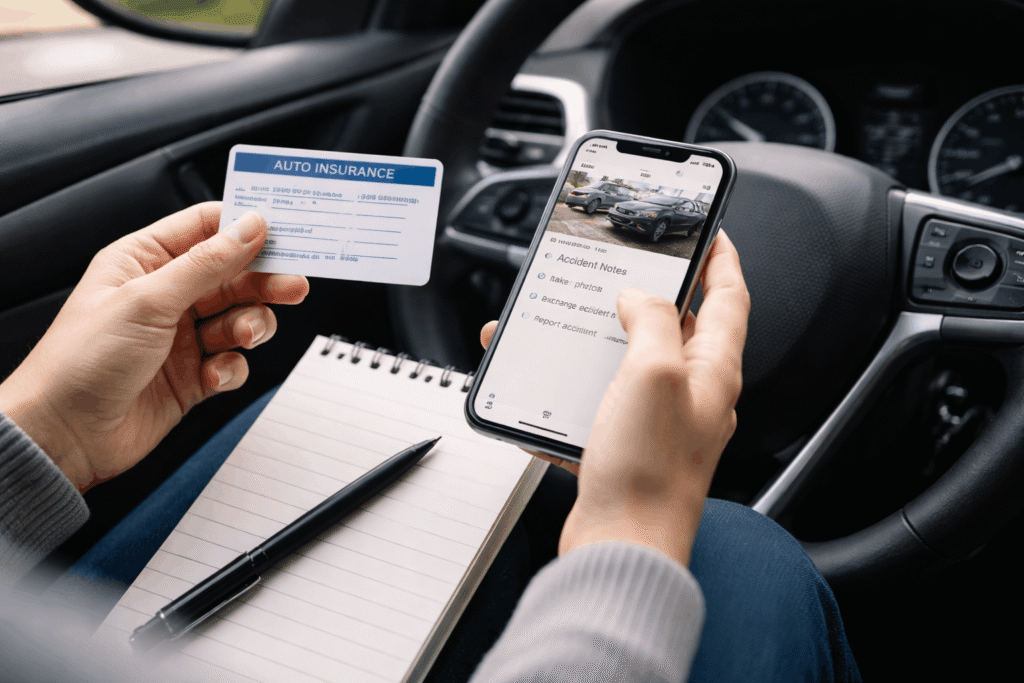 Driver documenting details after a minor car crash using a phone, insurance card, and notepad inside a vehicle
