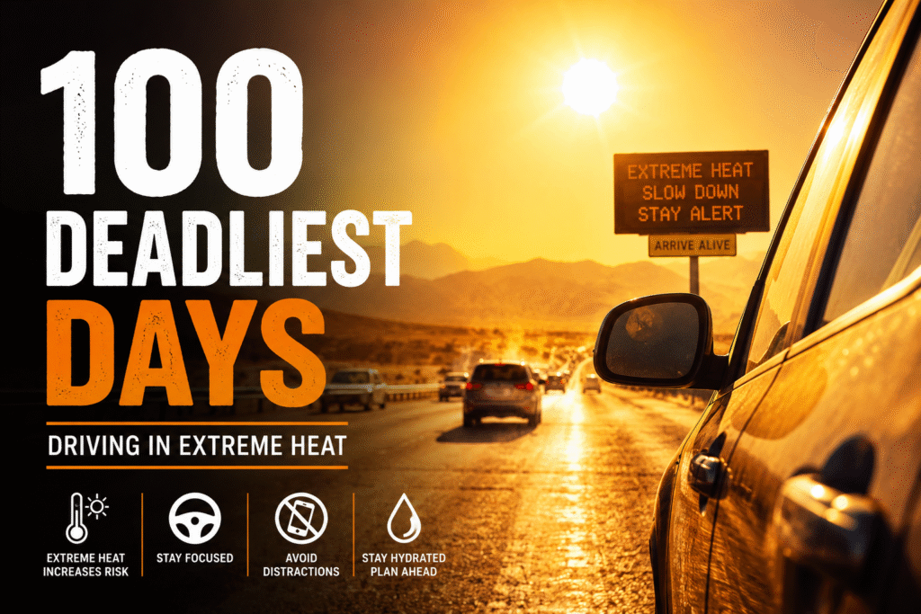 Teen drivers navigating dangerous summer roads during the 100 deadliest days of driving in extreme heat conditions.