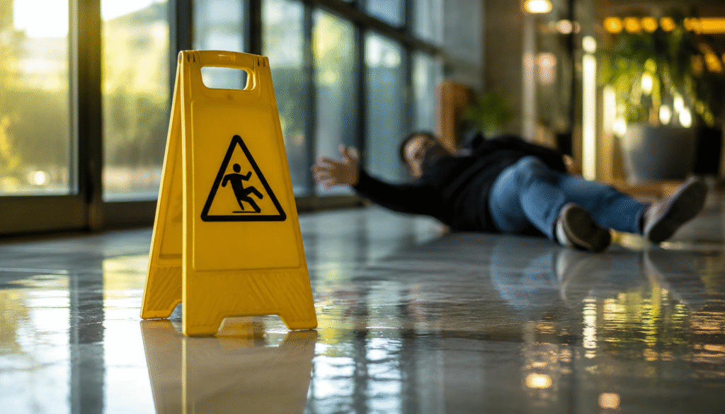 Yellow wet floor warning sign in a commercial building with a person blurred in the background after a slip and fall accident.