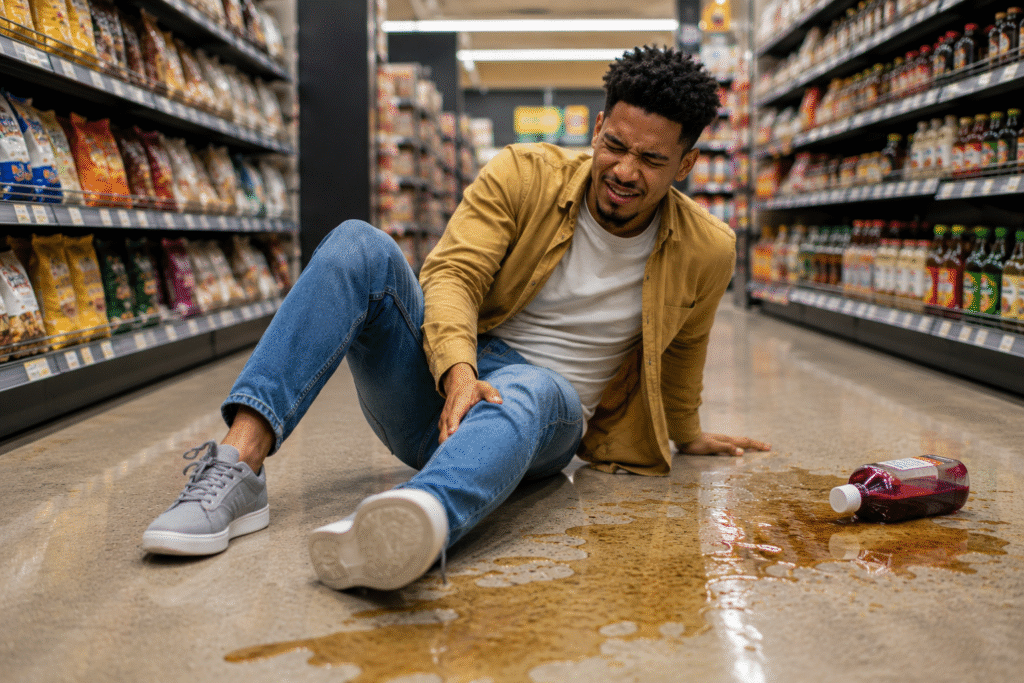 Young man sitting on the floor of a grocery store aisle after a slip and fall accident, holding his leg in pain.