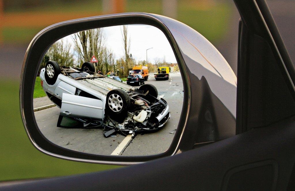 Experienced Car Accident Lawyer Las Vegas Rear-view mirror showing a traffic collision on a Las Vegas roadway, illustrating why contacting a car accident lawyer Las Vegas drivers trust is important after a crash.
