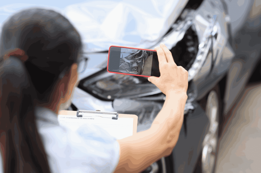 A driver photographs vehicle damage after a collision, demonstrating an important step recommended by a Henderson car accident lawyer when documenting evidence after a crash.