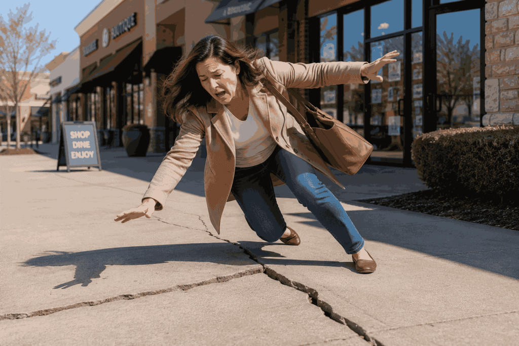 Slip and fall lawyer Green Valley Ranch guide showing a pedestrian tripping over a cracked sidewalk outside a shopping center